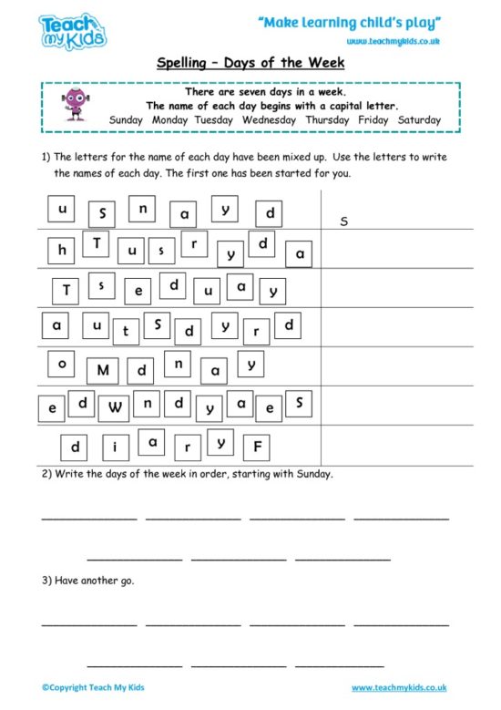 Worksheets for kids - spelling_-_days_of_the_week